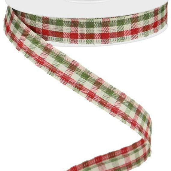 5/8 Primitive Gingham Check Ribbon: Red, Moss, Ivory (10 Yards)  [RG013952F] 