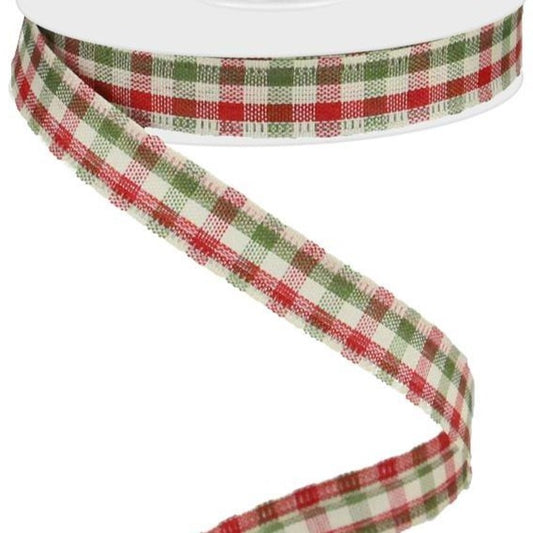 Wired Ribbon * Primitive Gingham Check * Red, Moss and Ivory Canvas * 5/8" x 10 Yards * RG013952F