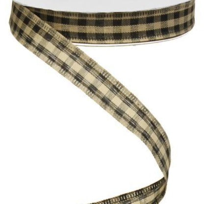 Wired Ribbon * Primitive Gingham Check * Black and Tan Canvas * 5/8" x 10 Yards * RG0139561