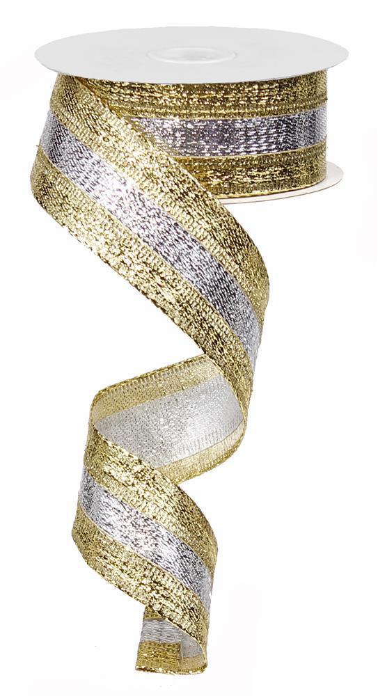 Wired Ribbon * 3-IN-1 Metallic Gold-Silver-Gold * 1.5" x 10 Yards Canvas * RG014022H