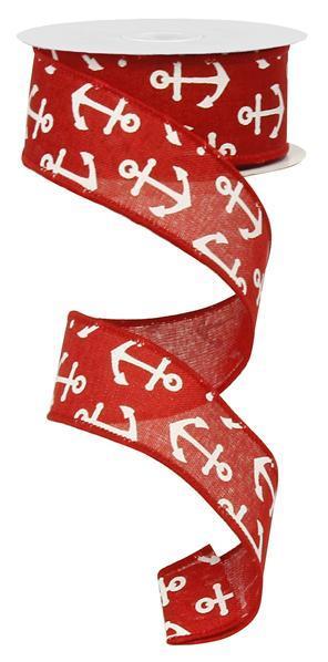 Wired Ribbon * Basic Anchor * Red and White * Canvas* 1.5" x 10 Yards * RG0148824