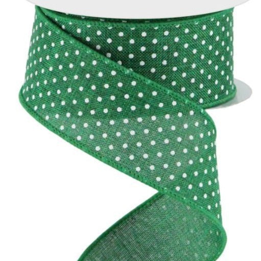 Wired Ribbon * Raised Swiss Dots * Emerald Green and White Canvas * 1.5" x 10 Yards * RG0165106