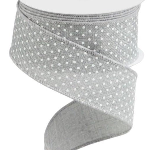 Wired Ribbon * Raised Swiss Dots * Lt. Grey and White Canvas * 1.5" x 10 Yards * RG0165110