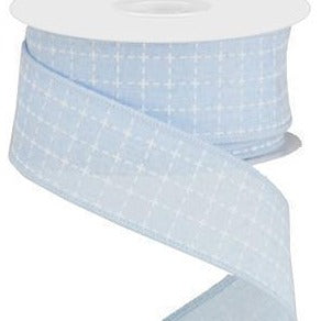 Wired Ribbon * Raised Stitched Squares * Baby Blue and White * 1.5 x 10  Yards * Canvas * RG0167714