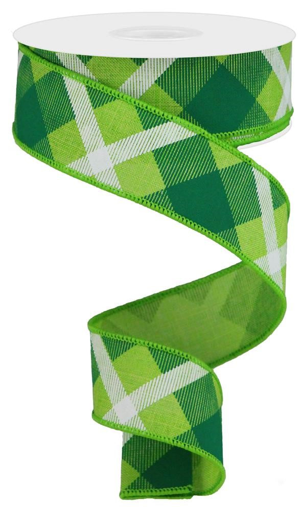 Wired Ribbon * Printed Plaid * Lime, Green and White * 1.5" x 10 Yards Canvas * RG01682JM