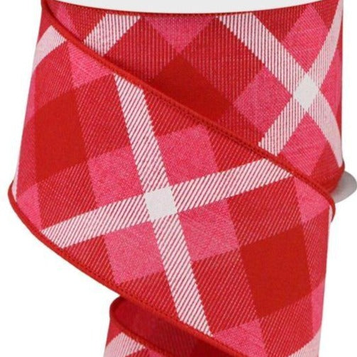 Wired Ribbon * Printed Plaid * Hot Pink, Red and White Canvas  * 2.5" x 10 Yards * RG0168341