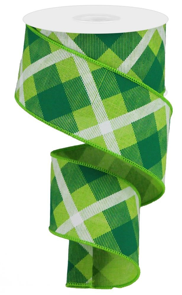 Wired Ribbon * Printed Plaid * Lime, Green and White * 2.5" x 10 Yards Canvas * RG01683JM