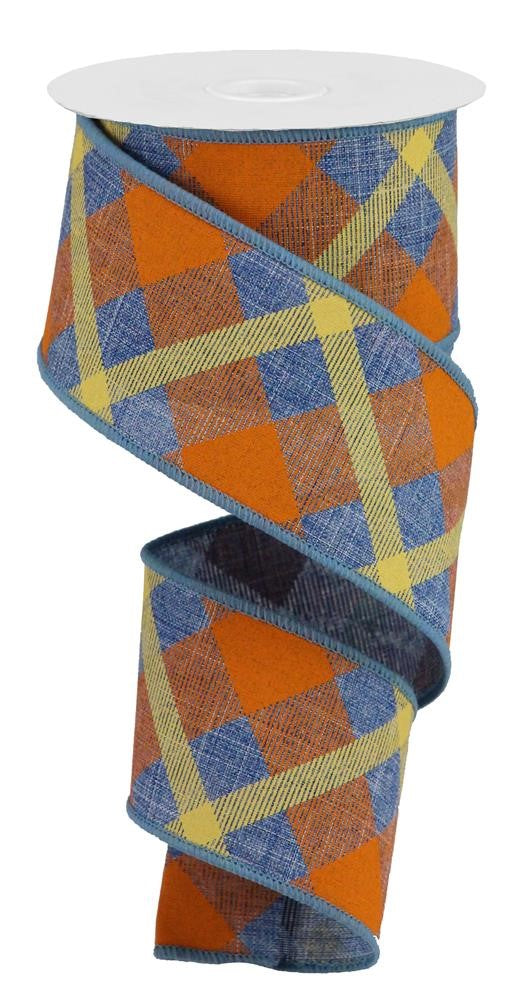 Wired Ribbon * Printed Plaid * Denim Blue, Orange and Mustard * 2.5" x 10 Yards Canvas * RG01683RT