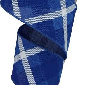 Wired Ribbon * Printed Plaid * Royal Blue and White * 2.5" x 10 Yards  Canvas * RG01683WR