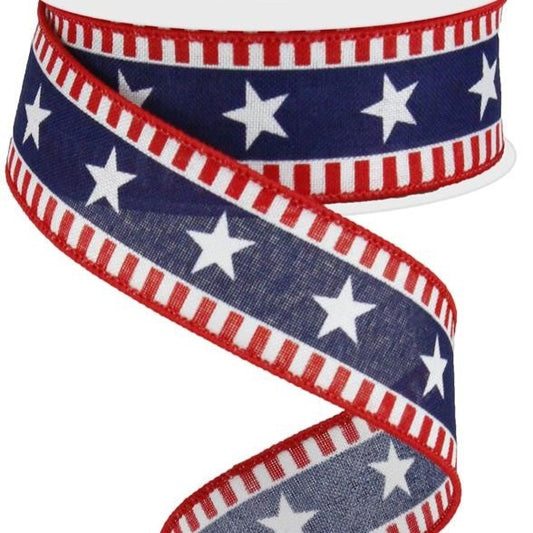 Wired Ribbon * Stars and Stripes * Red White and Blue * 1.5" x 10 Yards Royal Canvas * RG0172027