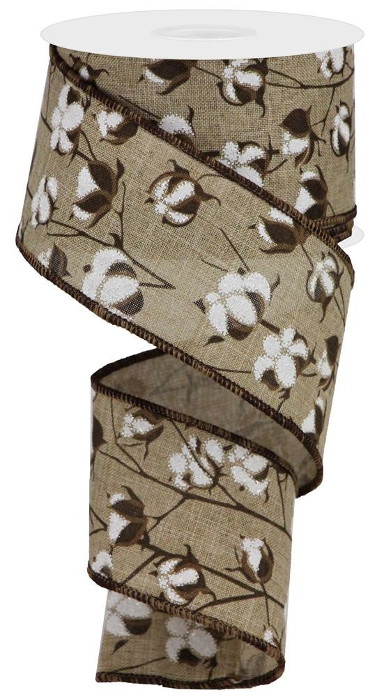 Wired Ribbon * Cotton Bolls * Lt. Beige, Dk. Brown and White * 2.5" x 10 Yards  Canvas * RG0180901