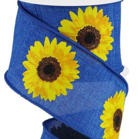 Wired Ribbon * Bold Sunflowers * Royal Blue Yellow, Orange and Brown Canvas * 2.5" x 10 Yards * RG0181325