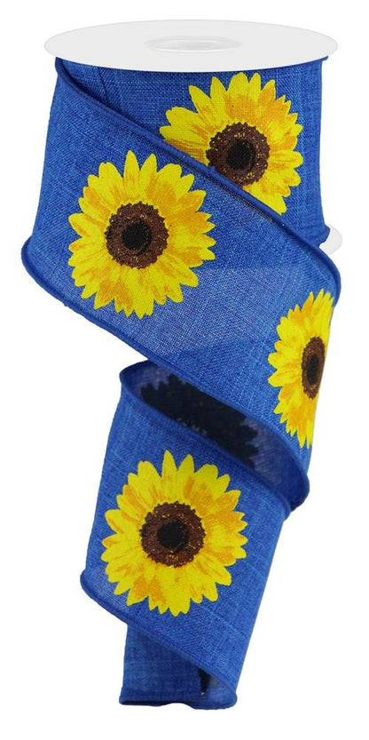 Wired Ribbon * Bold Sunflowers * Royal Blue Yellow, Orange and Brown Canvas * 2.5" x 10 Yards * RG0181325