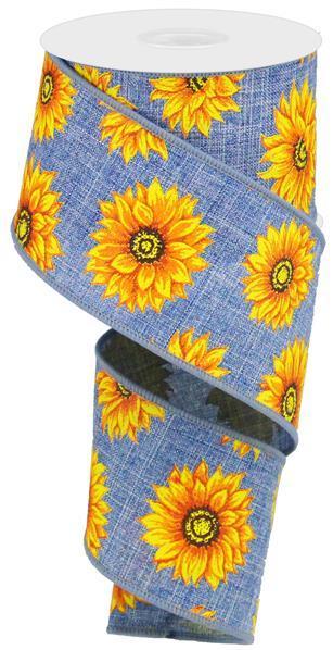 Wired Ribbon * Multi Sunflowers on Denim * Blue, Yellow, Orange, Rust and Brown * 2.5" x 10 Yards * RG01873CT