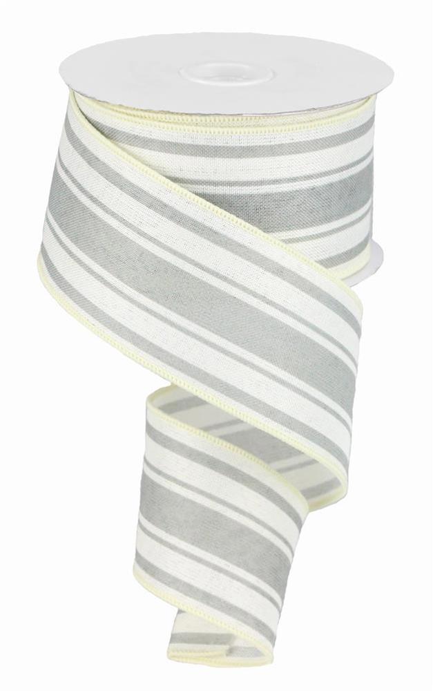 Wired Ribbon * Farmhouse Stripe * Ivory and Cool Grey * Canvas * 2.5" x 10 Yards * RG01912FJ