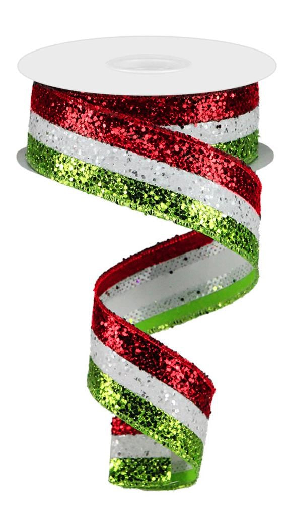 Wired Ribbon * 3 in 1 * Large Glitter * Lime, White and Red Canvas * 1.5" x 10 Yards * RG08013W1