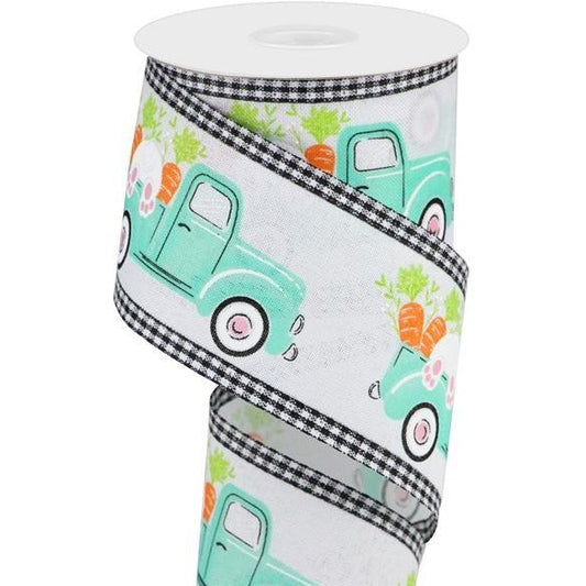Easter Wired Ribbon * Truck With Bunny Butt Gingham Trim * White, Pink, Orange, Green and Black Canvas  * 2.75" x 10 Yards * RG08308