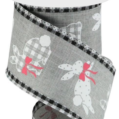 Easter Wired Ribbon * Bunnies * Gingham Trim * Grey, White, Pink and Black Canvas  * 2.5" x 10 Yards * RG0879410