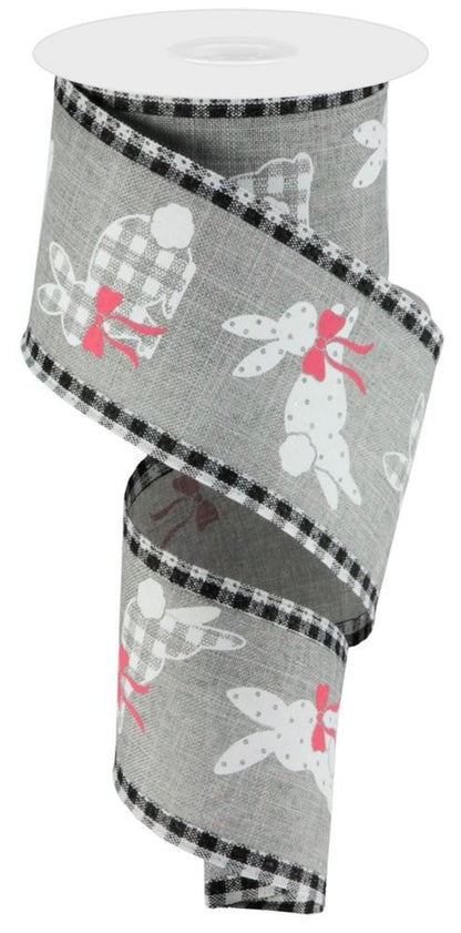 Easter Wired Ribbon * Bunnies * Gingham Trim * Grey, White, Pink and Black Canvas  * 2.5" x 10 Yards * RG0879410