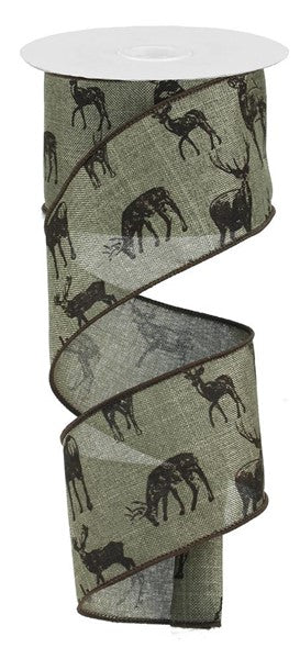 Wired Ribbon * Walking Deer * Moss Green & Chocolate * 2.5" x 10 Yards Canvas * RG1372EW