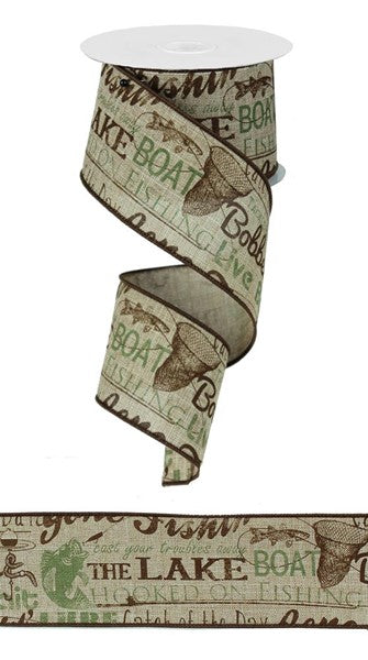 Wired Ribbon * Fishing Words * Moss Green & Chocolate * 2.5" x 10 Yards Canvas * RG1408