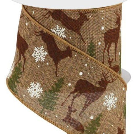 Wired Ribbon * Deer In The Forest * Tan, Brown, White and Moss Green * 2.5" x 10 Yards  Canvas * RG1708TJ