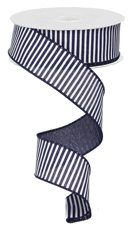 Wired Ribbon * Horizontal Stripes * Navy Blue and White  * Canvas* 1.5" x 10 Yards * RG178019