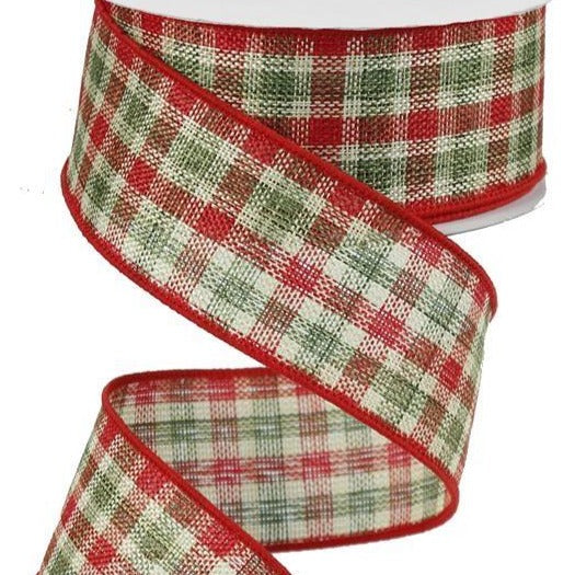 Wired Ribbon * Woven Checked * 1.5' x 10 Yards *  Red, Green and Cream Canvas * RG1898HT