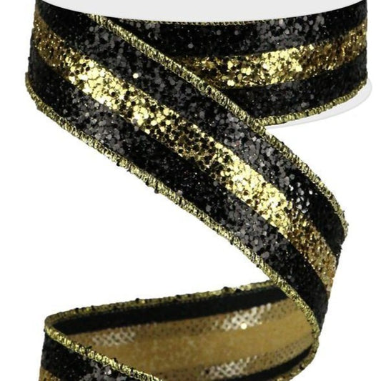 Wired Ribbon * 3 in 1 Color * Large Glitter Black and Gold Canvas * 1.5" x 10 Yards * RG898186