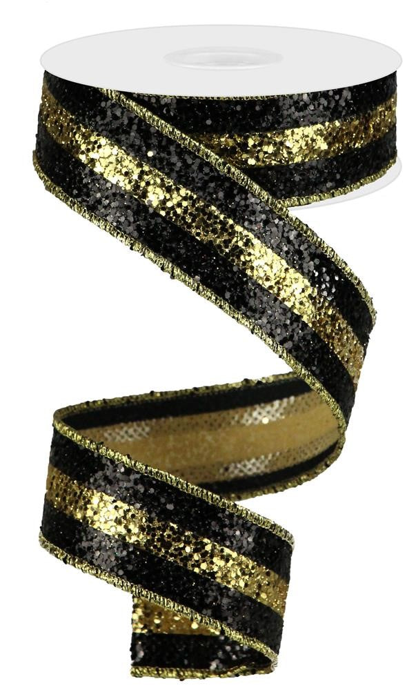 Wired Ribbon * 3 in 1 Color * Large Glitter Black and Gold Canvas * 1.5" x 10 Yards * RG898186