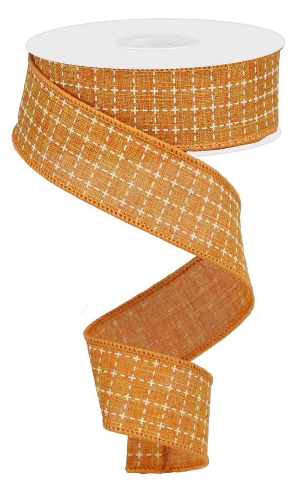 Wired Ribbon * Raised Stitched Squares * Talisman Orange and Cream * 1.5" x 10 Yards * Canvas * RGA10445T