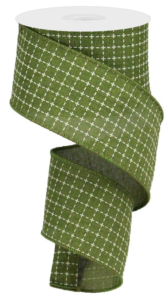 Wired Ribbon * Raised Stitched Squares * Moss Green and Cream Canvas * 2.5" x 10 Yards * RGA104536