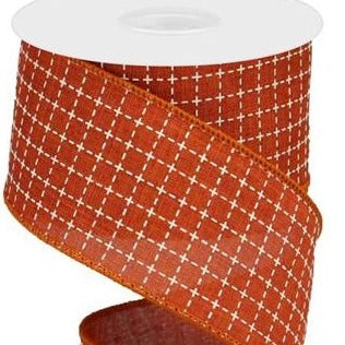 Wired Ribbon * Raised Stitched Squares * Rust and Cream Canvas * 2.5" x 10 Yards * RGA104574
