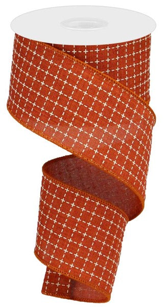 Wired Ribbon * Raised Stitched Squares * Rust and Cream Canvas * 2.5" x 10 Yards * RGA104574