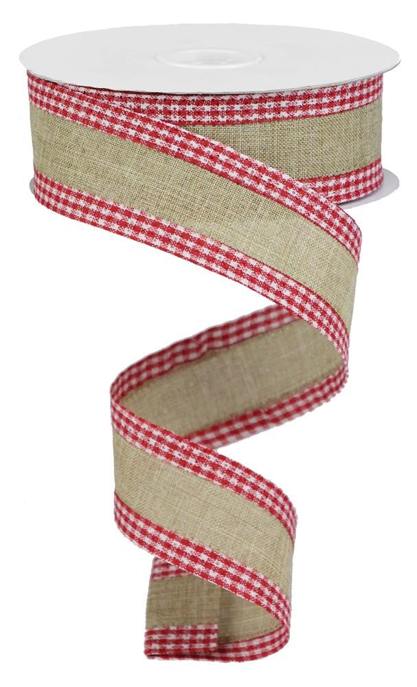 Wired Ribbon * Faux Burlap with Gingham Edge * Beige, Red and White Canvas * 1.5" x 10 Yards * RGA1098R3
