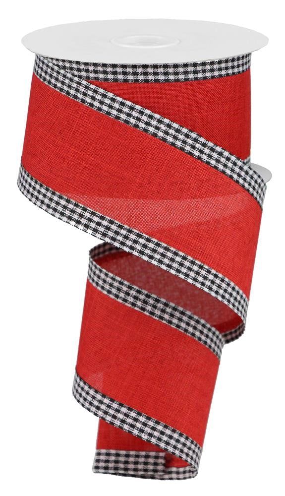 Wired Ribbon * Solid Red with Gingham Check Edge * Red, White and Black * 2.5" x 10 Yards * RGA1099MA