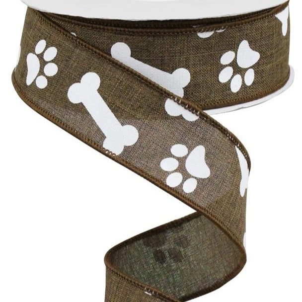 Wired Ribbon * Paw Prints & Bones * Brown and White * 1.5 x 10