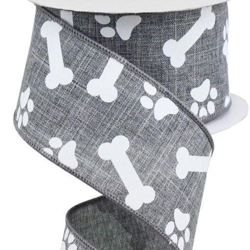 Wired Ribbon * Dog Paw Prints and Bones * Grey and White * 2.5 x