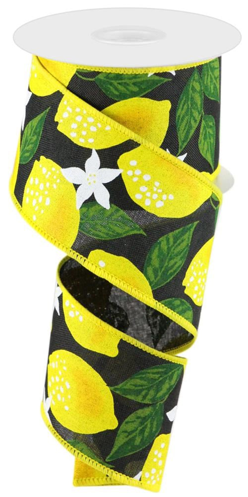Wired Ribbon * Lemons * Black, White, Green and Yellow Royal Canvas * 2.5" x 10 Yards * RGA118602