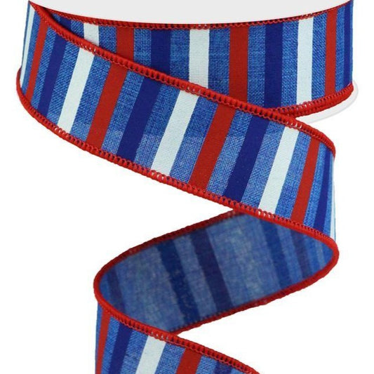 Wired Ribbon * Horizontal Stripe * Royal Blue, Red, White and Blue Canvas * 1.5" x 10 Yards * RGA120425