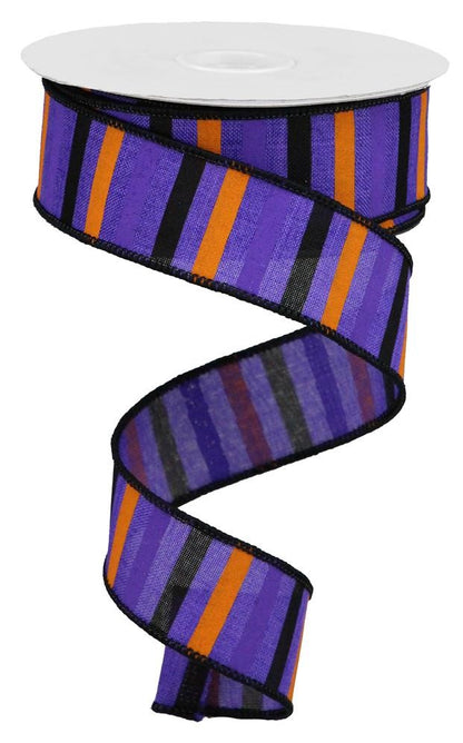 Wired Ribbon * Horizontal Stripe * Purple, Orange and Black Canvas * 1.5" x 10 Yards * RGA12136A