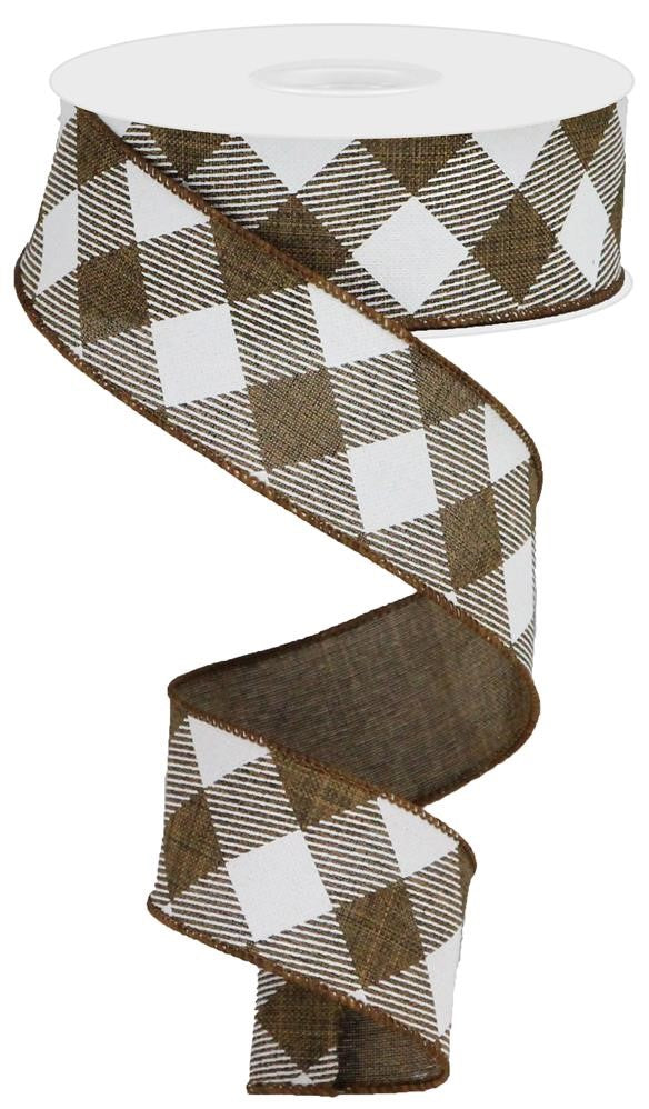 Wired Ribbon * Diagonal Check * Brown and White * 1.5" x 10 Yards * RGA126404 * Canvas