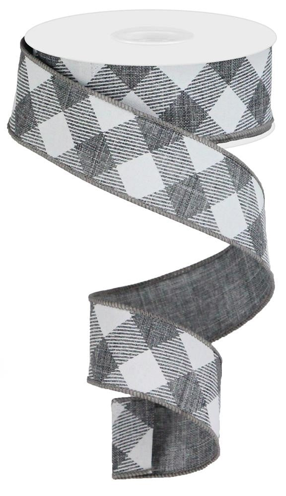 Wired Ribbon * Diagonal Check * Grey and White Canvas * 1.5" x 10 Yards * RGA126410