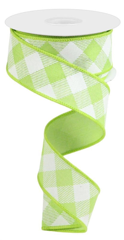 Wired Ribbon * Diagonal Check * Bright Green and White * 1.5" x 10 Yards * RGA1264H2  * Canvas