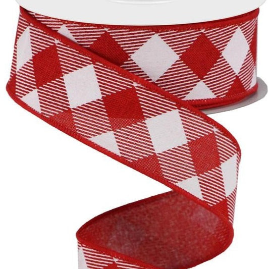 Wired Ribbon * Diagonal Check * Red and White * 1.5" x 10 Yards * RGA126724  * Canvas