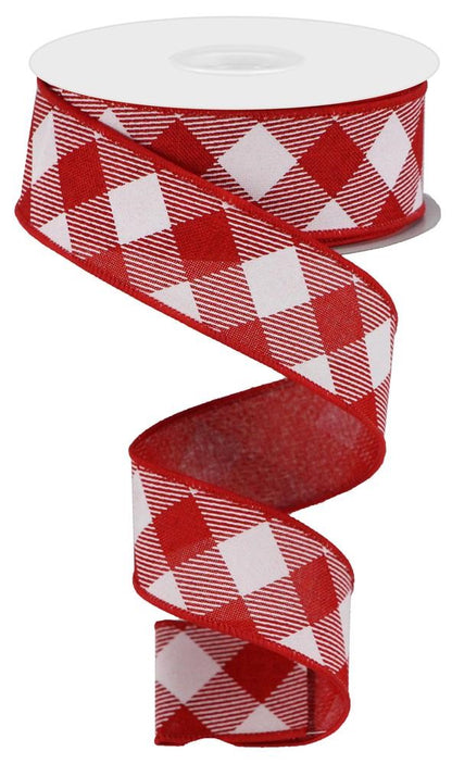 Wired Ribbon * Diagonal Check * Red and White * 1.5" x 10 Yards * RGA126724  * Canvas