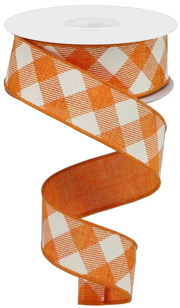 Wired Ribbon * Diagonal Check * Orange and Ivory * 1.5" x 10 Yards * RGA127320 * Canvas