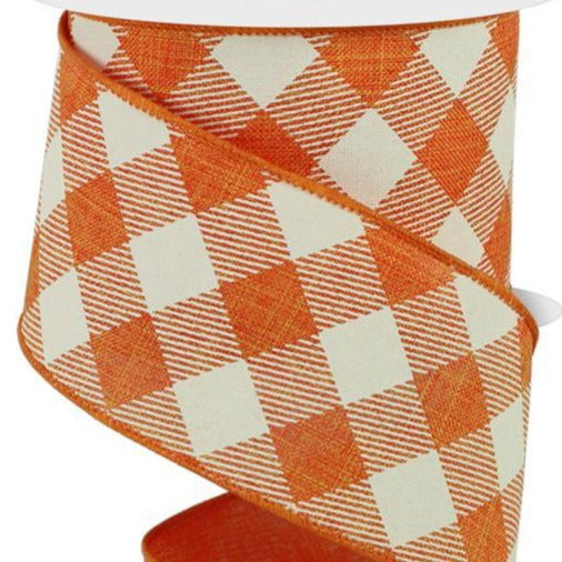 Wired Ribbon * Diagonal Check * Orange and Ivory * 2.5" x 10 Yards * RGA127420