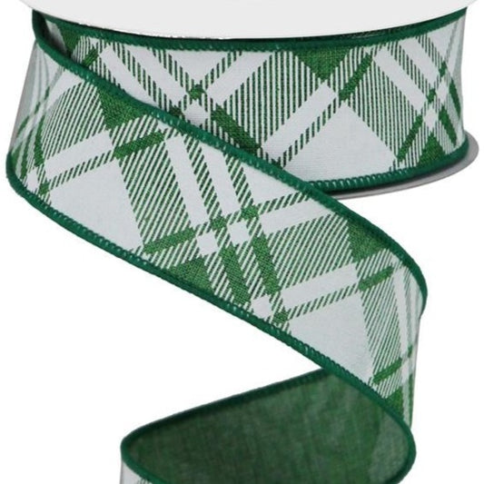 Wired Ribbon * Diagonal Stripe/Multi Check * Emerald Green and White * 1.5" x 10 Yards * RGA127606  * Canvas