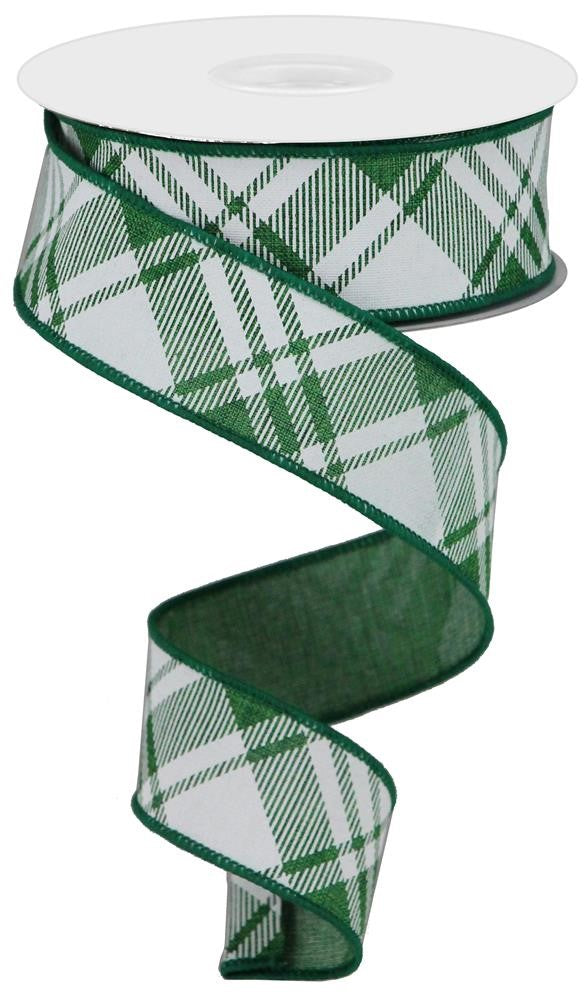 Wired Ribbon * Diagonal Stripe/Multi Check * Emerald Green and White * 1.5" x 10 Yards * RGA127606 * Canvas